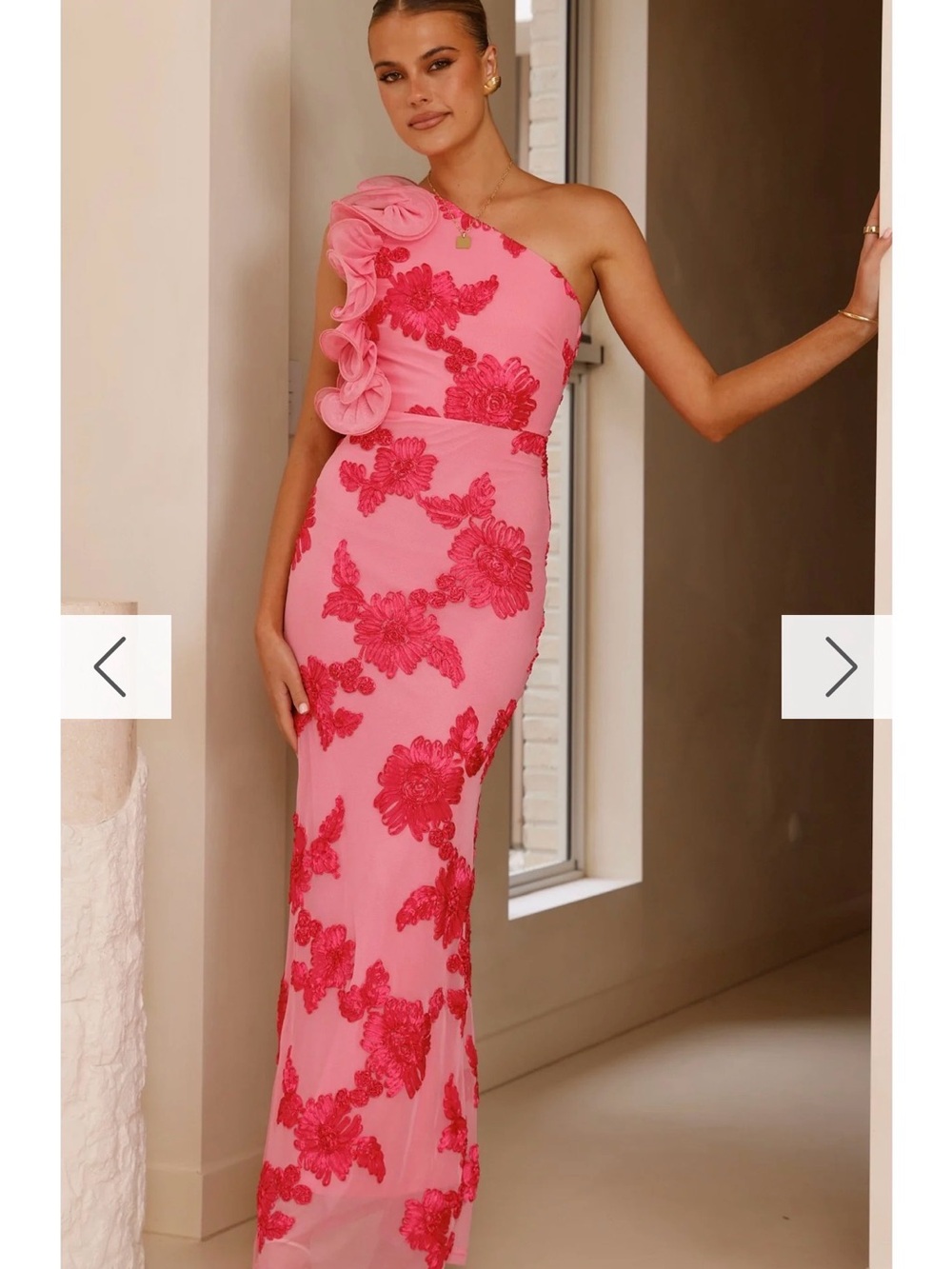 One-Shoulder Pink Floral Appliqué Evening Dress - Picture 3 of 3